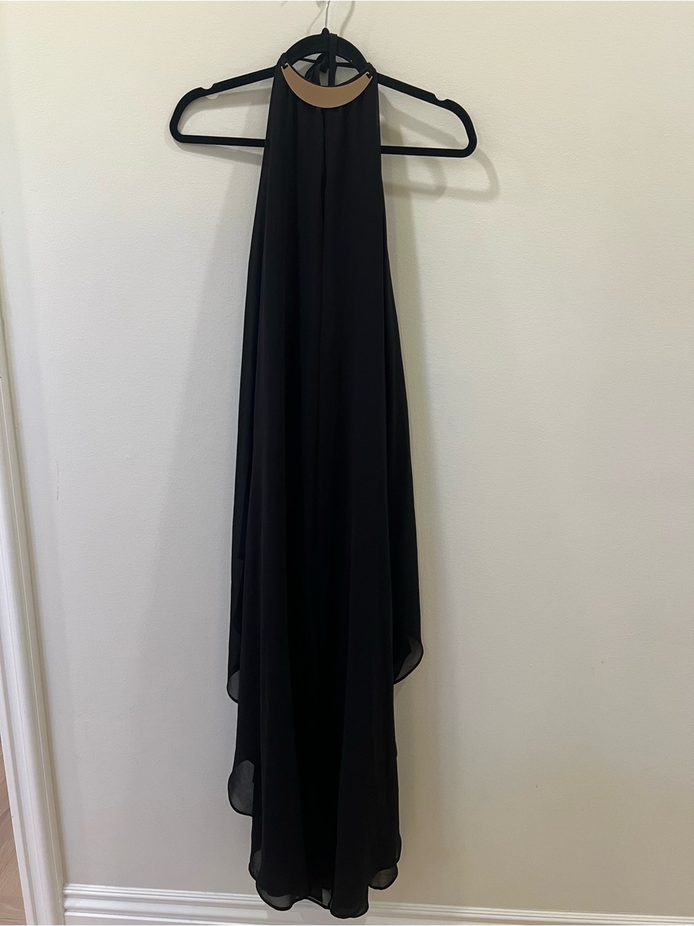 monaco Black High-Low Halter Evening Dress with Gold Neck Accent
